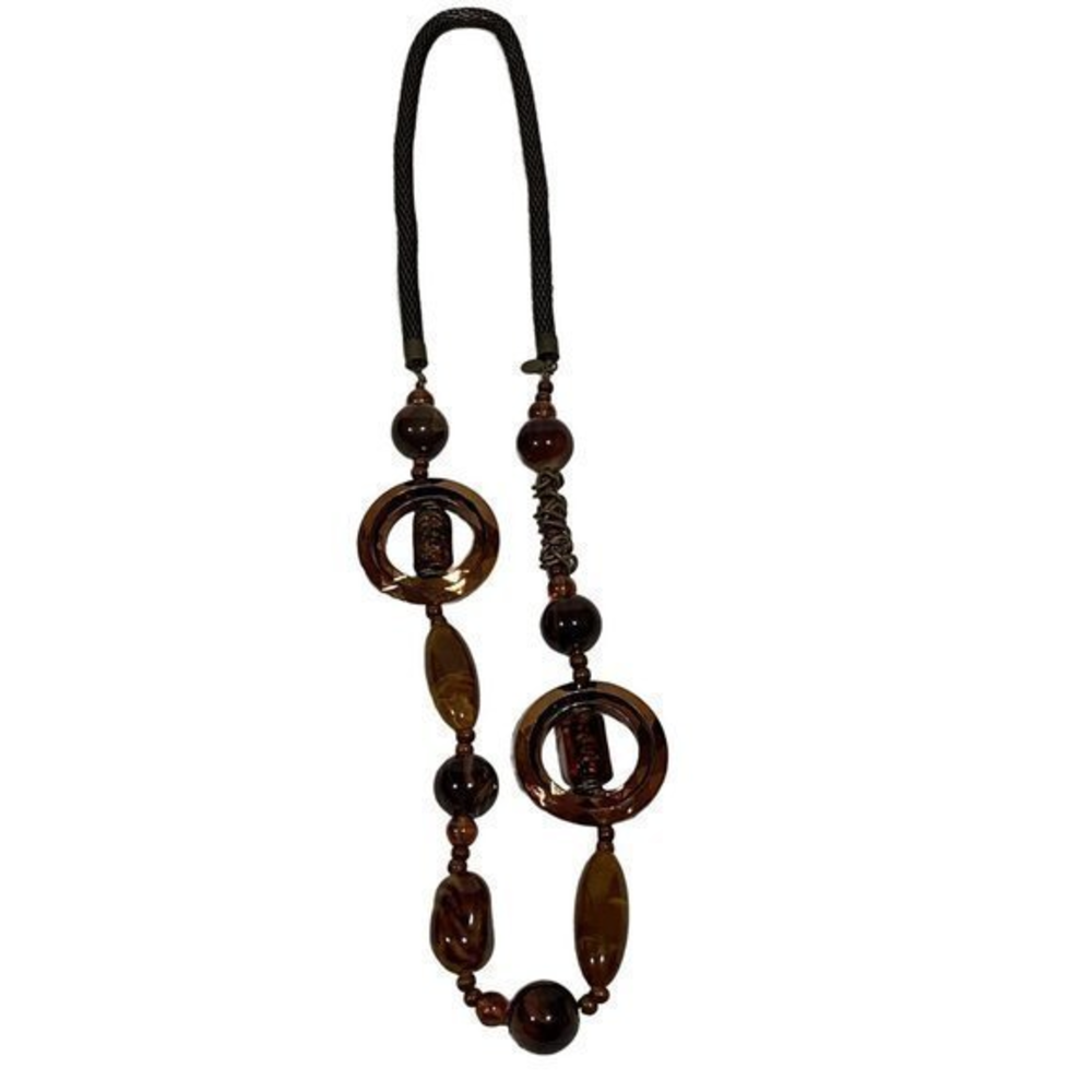 Long Necklace w/Mesh Chain, Brown Wooden Beads, and Tortoise Color Circles‎